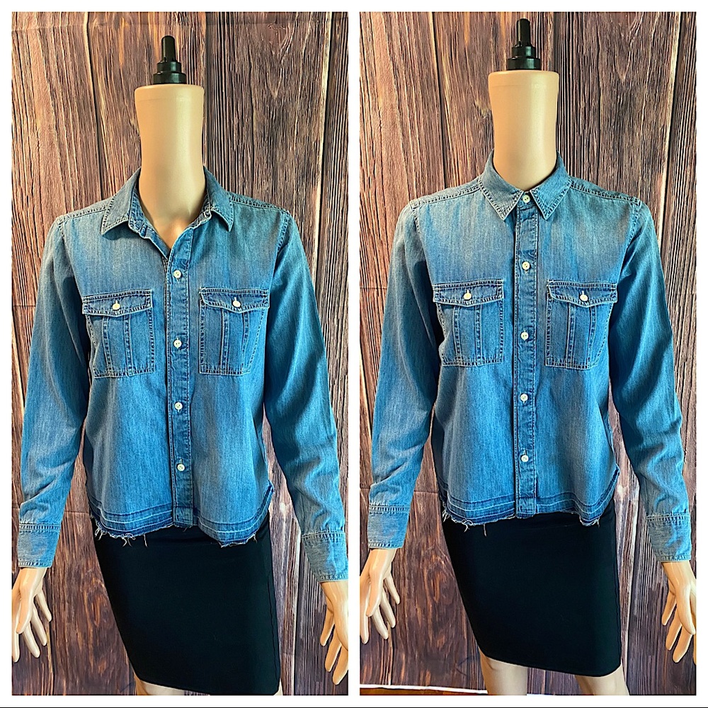 Madewell Anthropologie sz XS blue boho button down distressed top mulberry